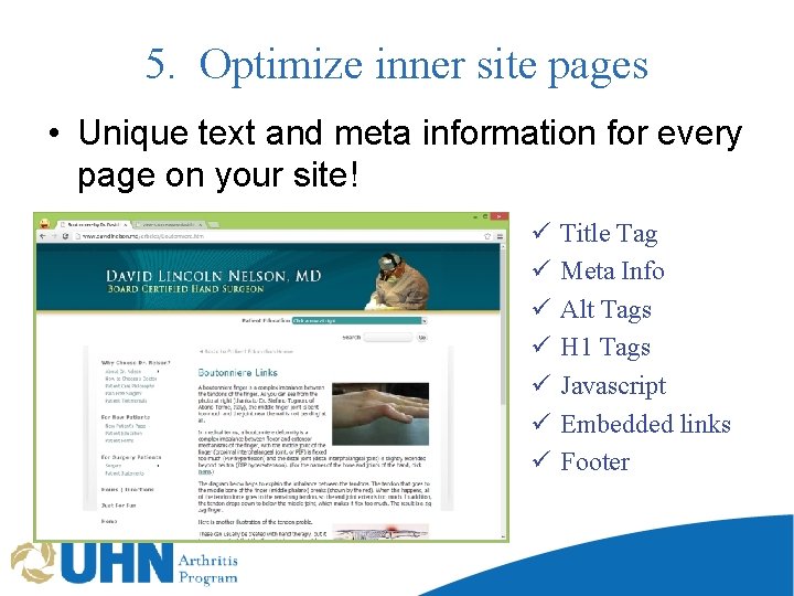 5. Optimize inner site pages • Unique text and meta information for every page