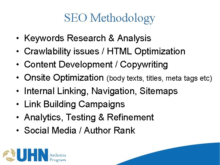 SEO Methodology • • Keywords Research & Analysis Crawlability issues / HTML Optimization Content