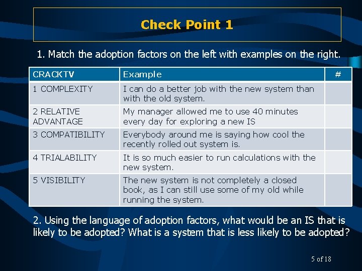 Check Point 1 1. Match the adoption factors on the left with examples on
