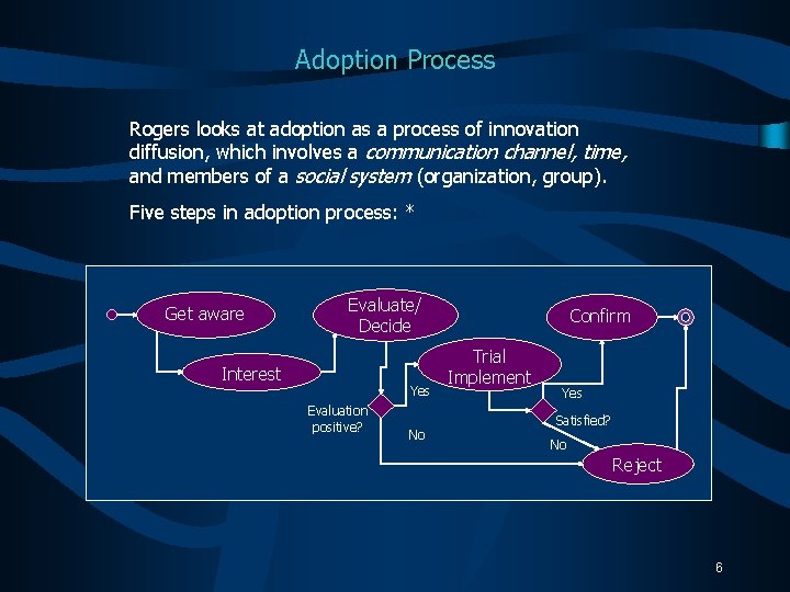 Adoption Process Rogers looks at adoption as a process of innovation diffusion, which involves