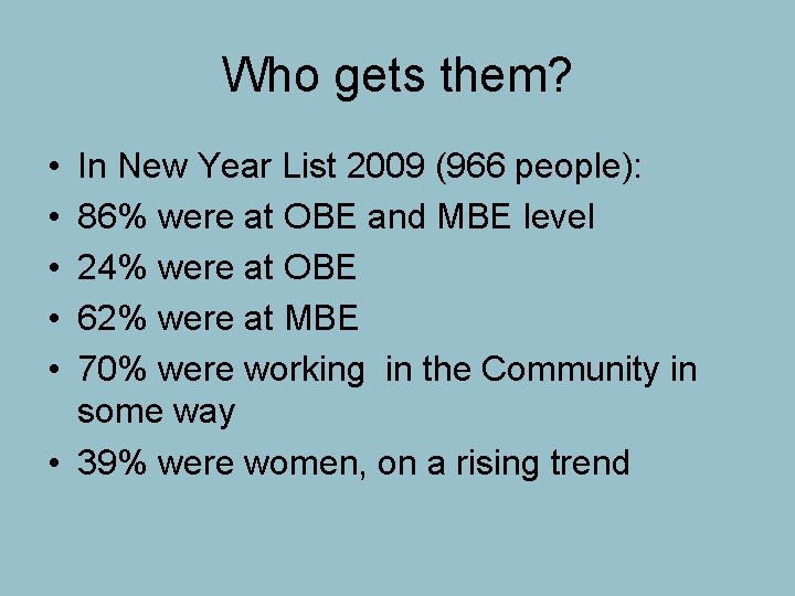 Who gets them? • • • In New Year List 2009 (966 people): 86%