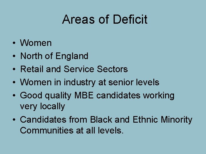 Areas of Deficit • • • Women North of England Retail and Service Sectors
