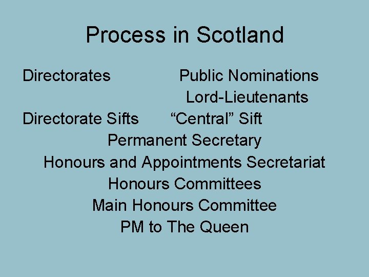 Process in Scotland Directorates Public Nominations Lord-Lieutenants Directorate Sifts “Central” Sift Permanent Secretary Honours