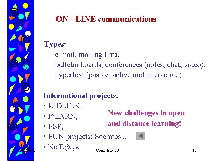 ON - LINE communications Types: e-mail, mailing-lists, bulletin boards, conferences (notes, chat, video), hypertext