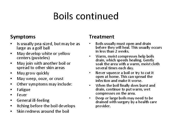 Boils continued Symptoms • • • Is usually pea-sized, but may be as large