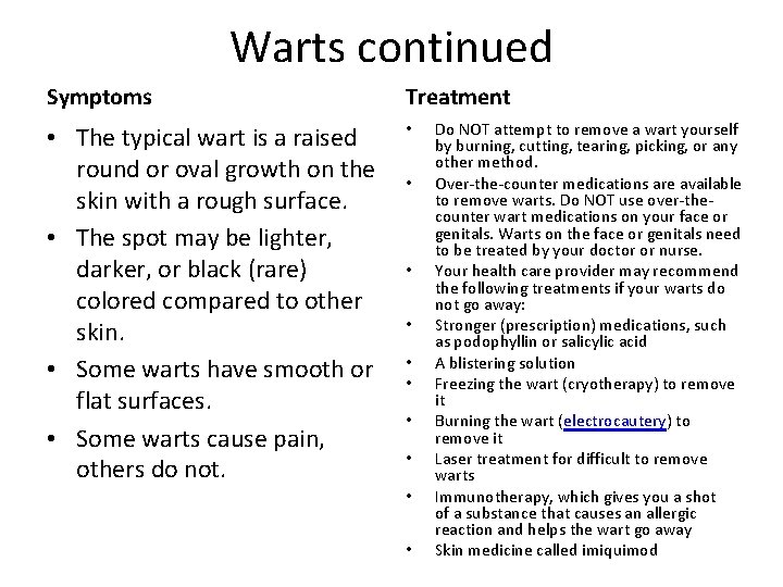 Warts continued Symptoms Treatment • The typical wart is a raised round or oval