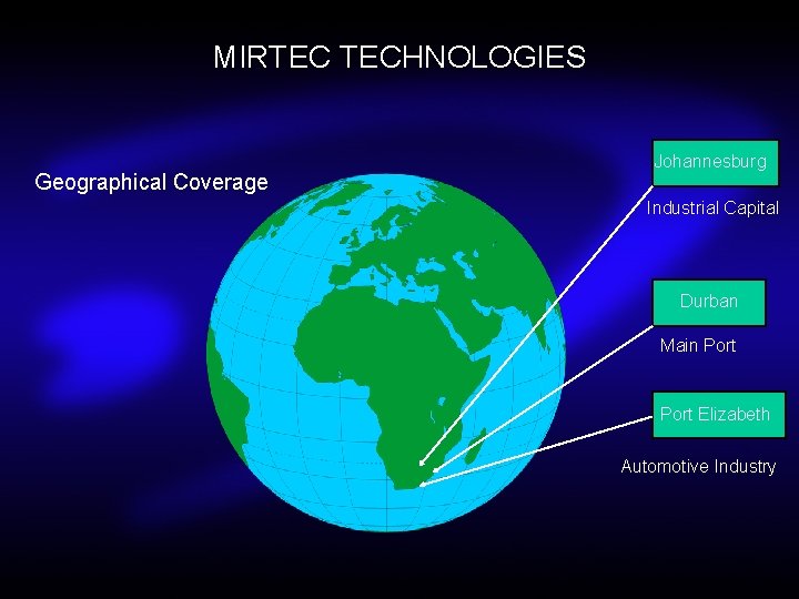 MIRTEC TECHNOLOGIES Geographical Coverage Johannesburg Industrial Capital Durban Main Port Elizabeth Automotive Industry 