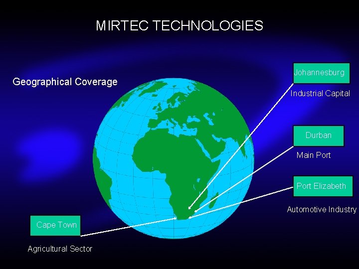 MIRTEC TECHNOLOGIES Geographical Coverage Johannesburg Industrial Capital Durban Main Port Elizabeth Automotive Industry Cape