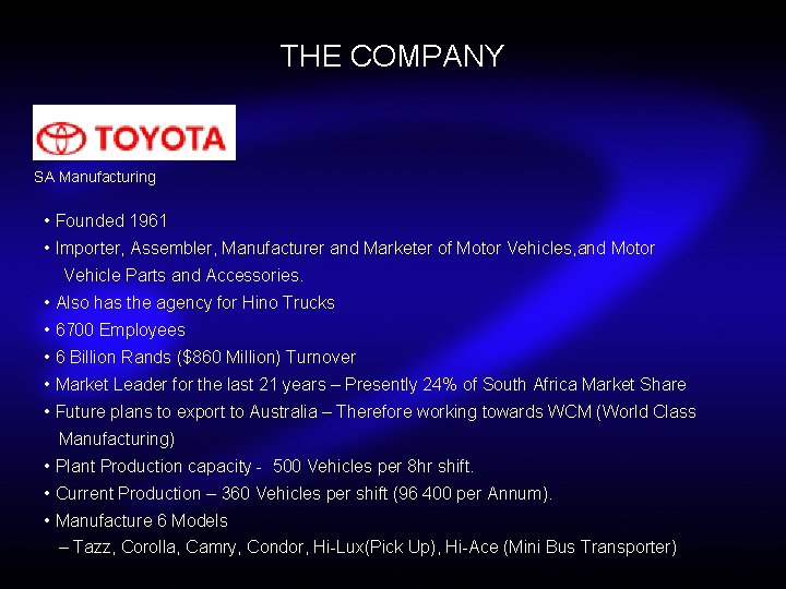 THE COMPANY SA Manufacturing • Founded 1961 • Importer, Assembler, Manufacturer and Marketer of