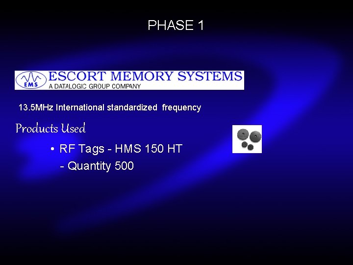 PHASE 1 13. 5 MHz International standardized frequency Products Used • RF Tags -