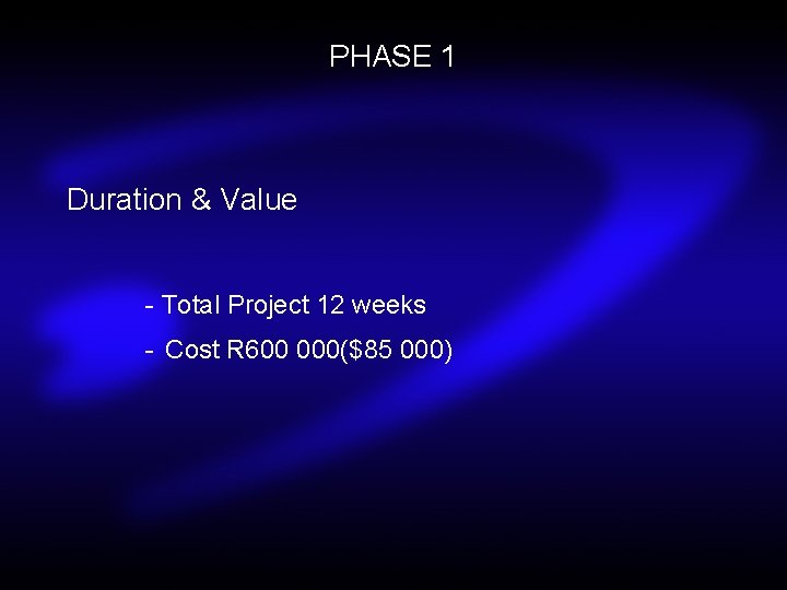 PHASE 1 Duration & Value - Total Project 12 weeks - Cost R 600