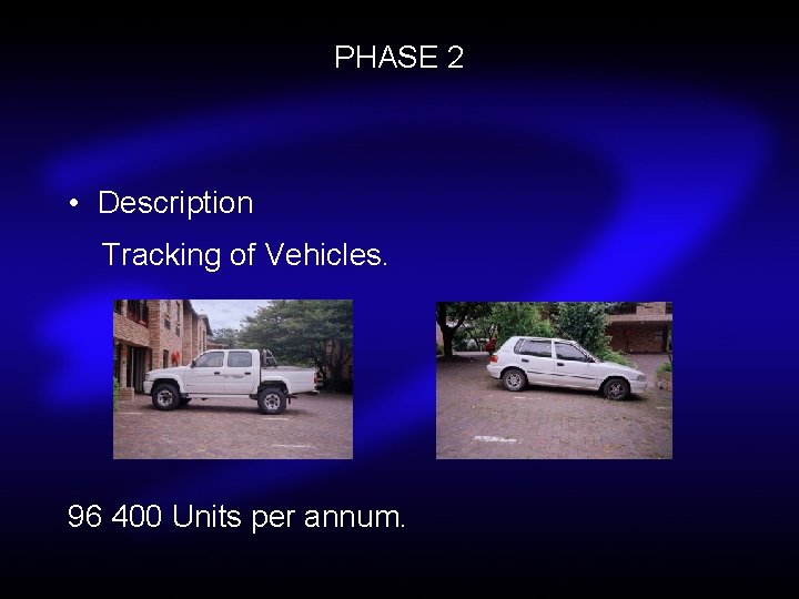 PHASE 2 • Description Tracking of Vehicles. 96 400 Units per annum. 