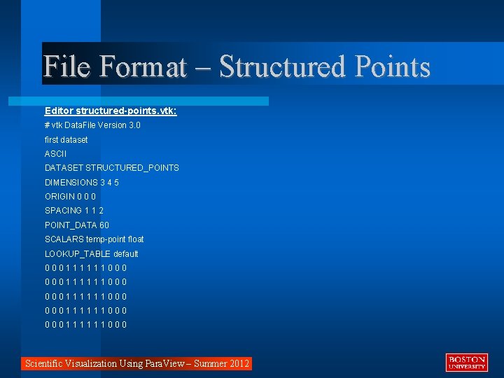 File Format – Structured Points Editor structured-points. vtk: # vtk Data. File Version 3.