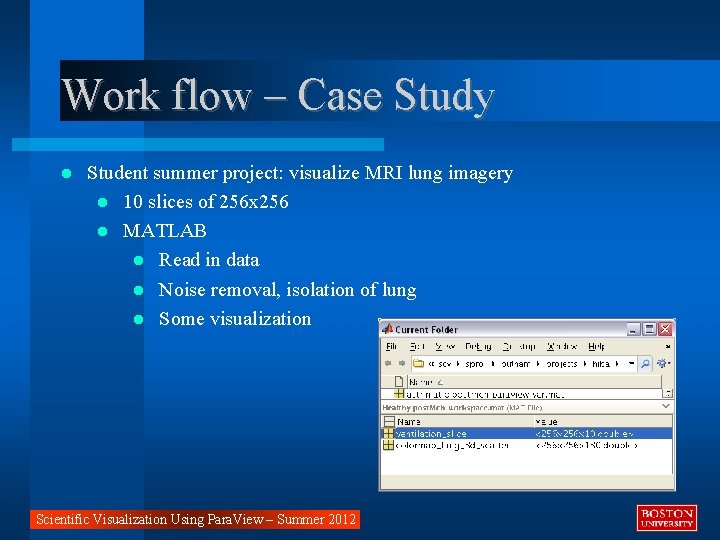 Work flow – Case Study Student summer project: visualize MRI lung imagery 10 slices