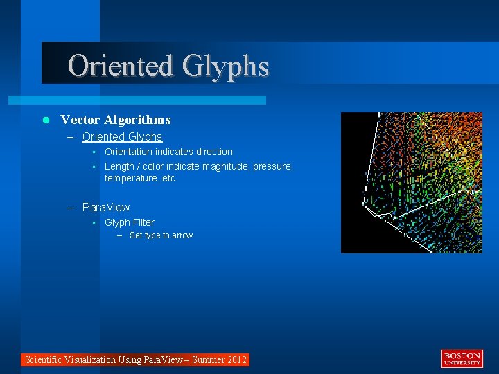 Oriented Glyphs Vector Algorithms – Oriented Glyphs • Orientation indicates direction • Length /