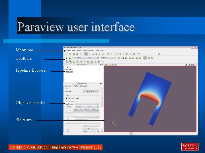 Paraview user interface Menu bar Toolbars Pipeline Browser Object Inspector 3 D View Scientific