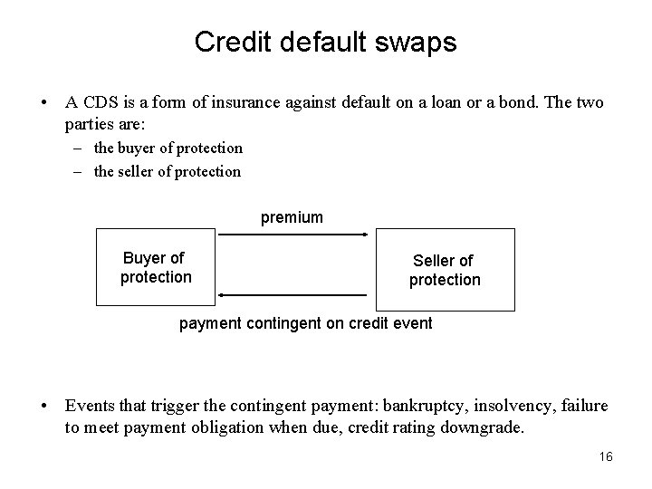 Credit default swaps • A CDS is a form of insurance against default on