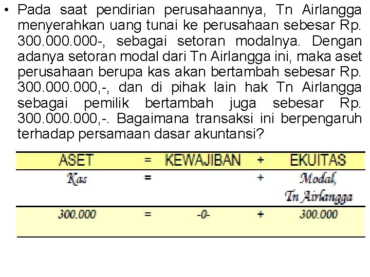  • Pada saat pendirian perusahaannya, Tn Airlangga menyerahkan uang tunai ke perusahaan sebesar