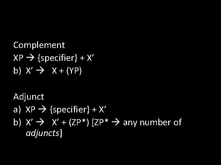 Complement XP {specifier} + X’ b) X’ X + (YP) Adjunct a) XP {specifier}