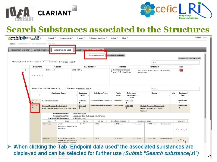 Search Substances associated to the Structures Ø When clicking the Tab “Endpoint data used”