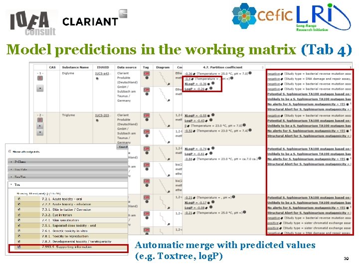 Model predictions in the working matrix (Tab 4) Automatic merge with predicted values (e.