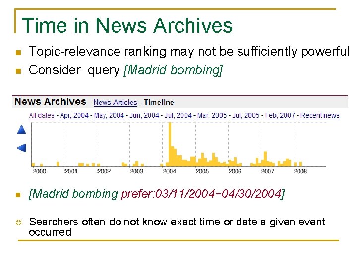 Time in News Archives n Topic-relevance ranking may not be sufficiently powerful Consider query