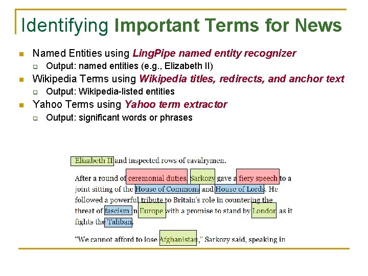 Identifying Important Terms for News n Named Entities using Ling. Pipe named entity recognizer