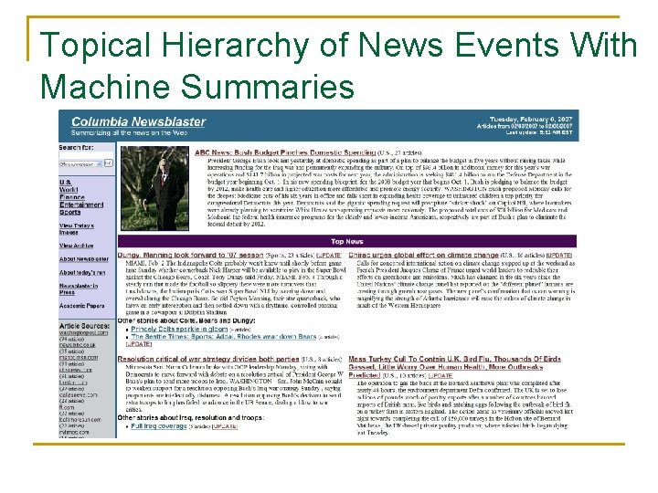 Topical Hierarchy of News Events With Machine Summaries 