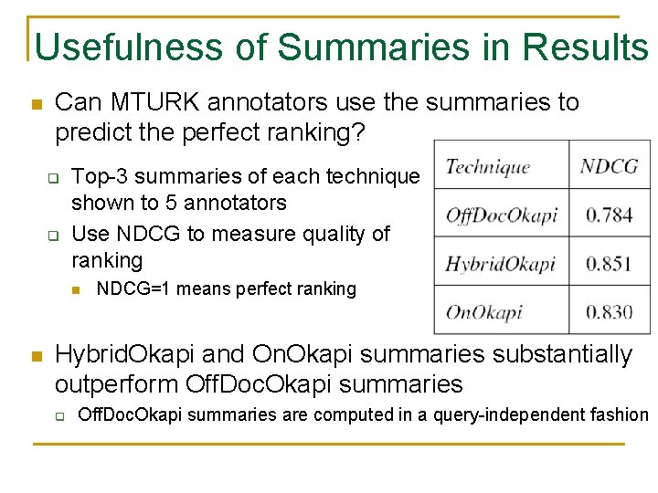 Usefulness of Summaries in Results n Can MTURK annotators use the summaries to predict