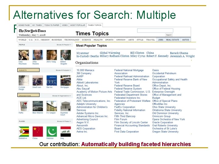 Alternatives for Search: Multiple Facets Our contribution: Automatically building faceted hierarchies 