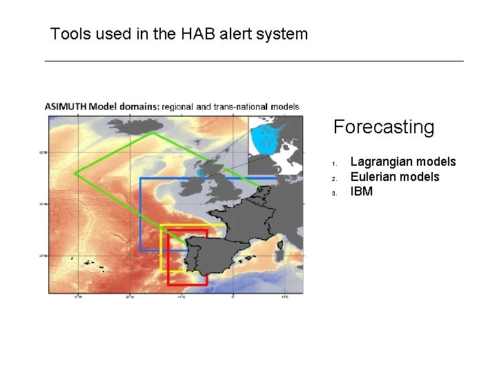 Tools used in the HAB alert system Forecasting 1. 2. 3. Lagrangian models Eulerian