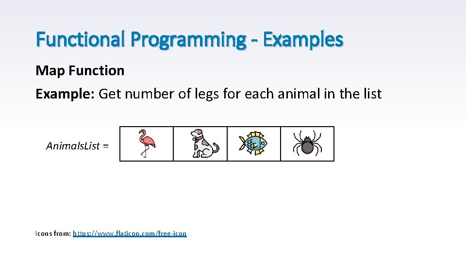 Functional Programming - Examples Map Function Example: Get number of legs for each animal