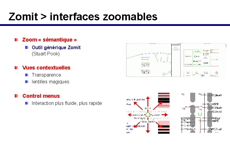 Zomit > interfaces zoomables Zoom « sémantique » Outil générique Zomit (Stuart Pook) Vues