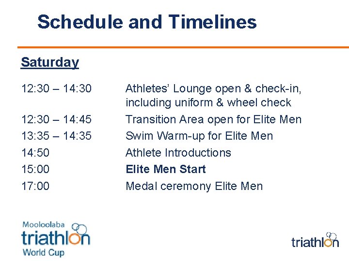 Schedule and Timelines Saturday 12: 30 – 14: 30 12: 30 – 14: 45