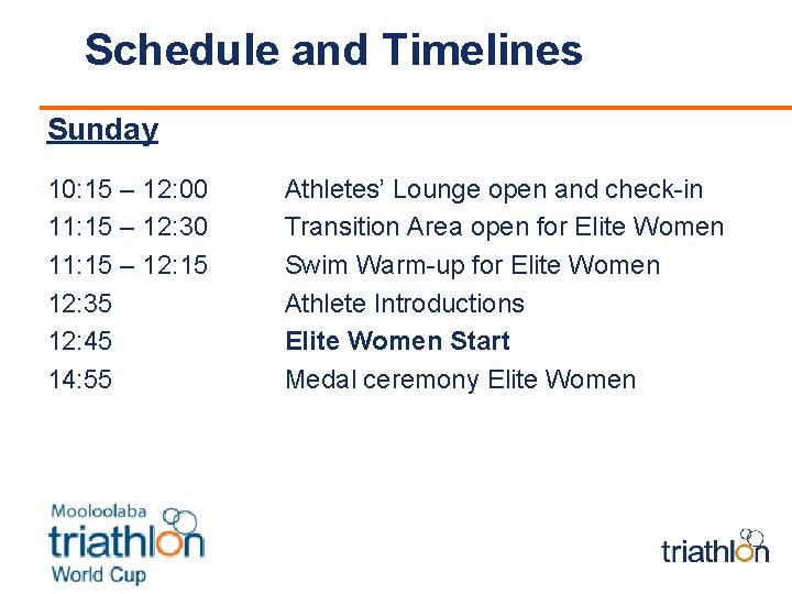 Schedule and Timelines Sunday 10: 15 – 12: 00 11: 15 – 12: 30