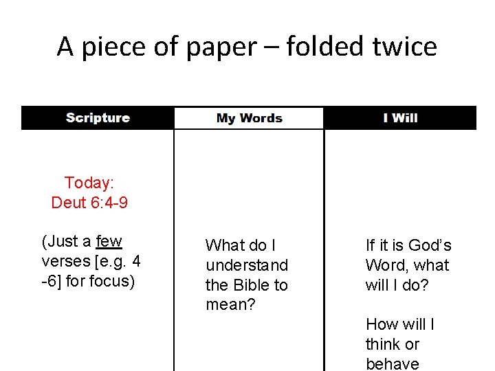 A piece of paper – folded twice Today: Deut 6: 4 -9 (Just a