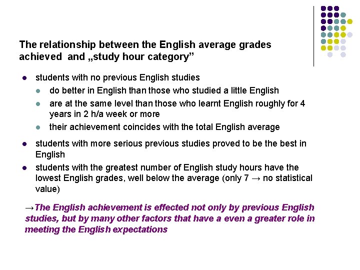 The relationship between the English average grades achieved and „study hour category” l students