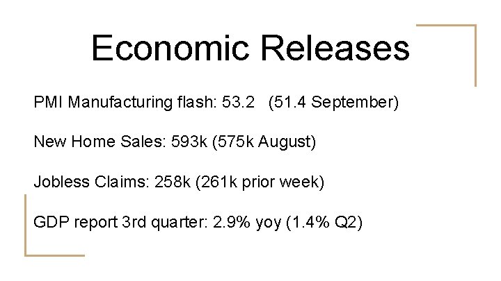 Economic Releases PMI Manufacturing flash: 53. 2 (51. 4 September) New Home Sales: 593