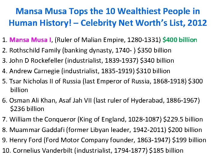 Mansa Musa Tops the 10 Wealthiest People in Human History! – Celebrity Net Worth’s