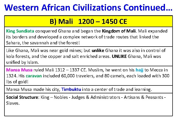 Western African Civilizations Continued… B) Mali 1200 – 1450 CE King Sundiata conquered Ghana