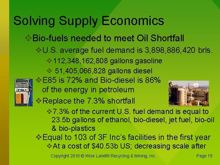 Solving Supply Economics Bio-fuels needed to meet Oil Shortfall U. S. average fuel demand