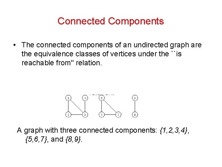 Connected Components • The connected components of an undirected graph are the equivalence classes