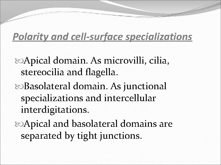 Polarity and cell-surface specializations Apical domain. As microvilli, cilia, stereocilia and flagella. Basolateral domain.