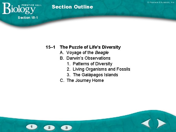 Section Outline Section 15 -1 15– 1 The Puzzle of Life’s Diversity A. Voyage