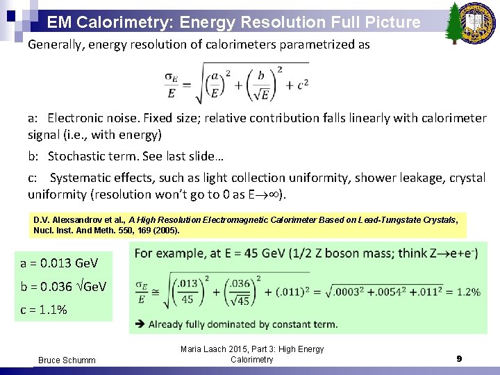 EM Calorimetry: Energy Resolution Full Picture Generally, energy resolution of calorimeters parametrized as a: