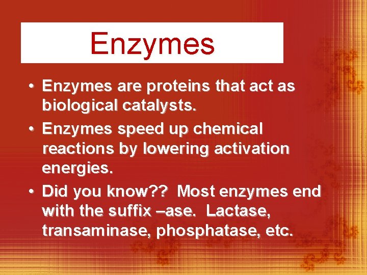 Enzymes • Enzymes are proteins that act as biological catalysts. • Enzymes speed up