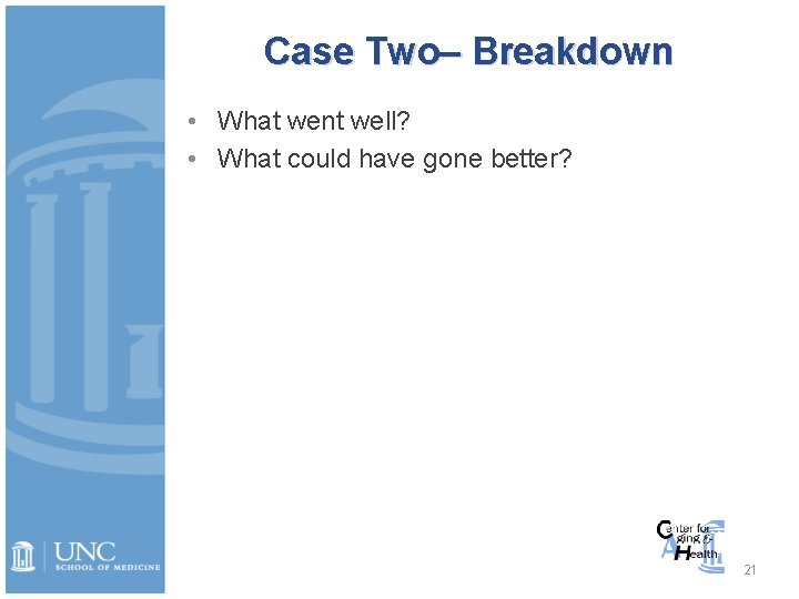 Case Two– Breakdown • What went well? • What could have gone better? 21