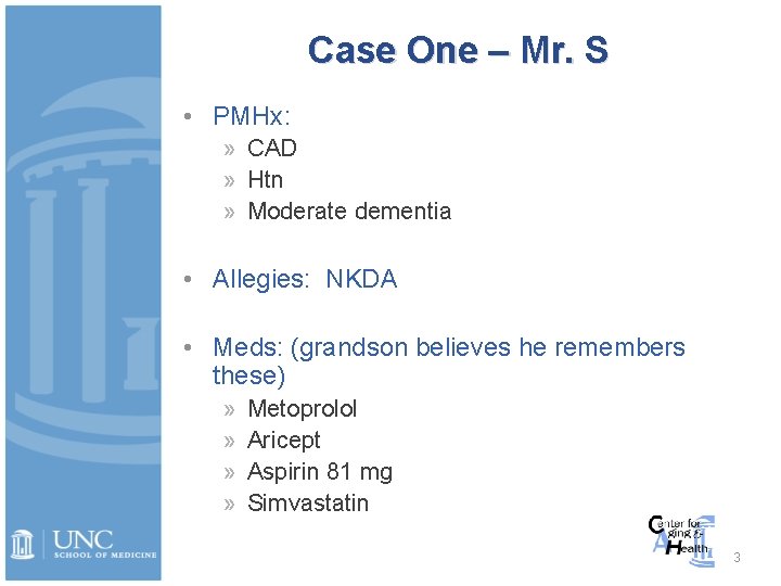 Case One – Mr. S • PMHx: » CAD » Htn » Moderate dementia