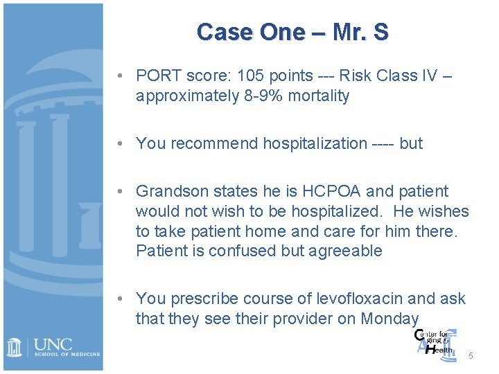 Case One – Mr. S • PORT score: 105 points --- Risk Class IV