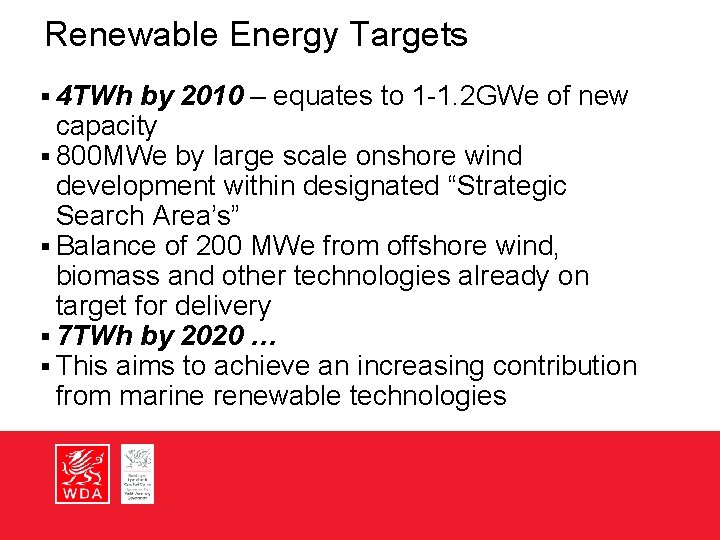 Renewable Energy Targets § 4 TWh by 2010 – equates to 1 -1. 2